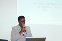 Dr. Regina Mutave, Dean School of Dental Sciences makes a presentation during the inspection.